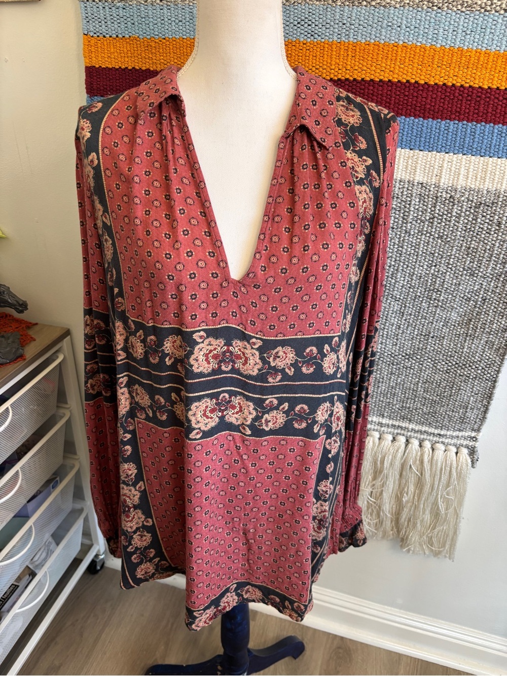 Free People Rust Floral V-Neck Boho Tunic Top - Picture 2 of 7